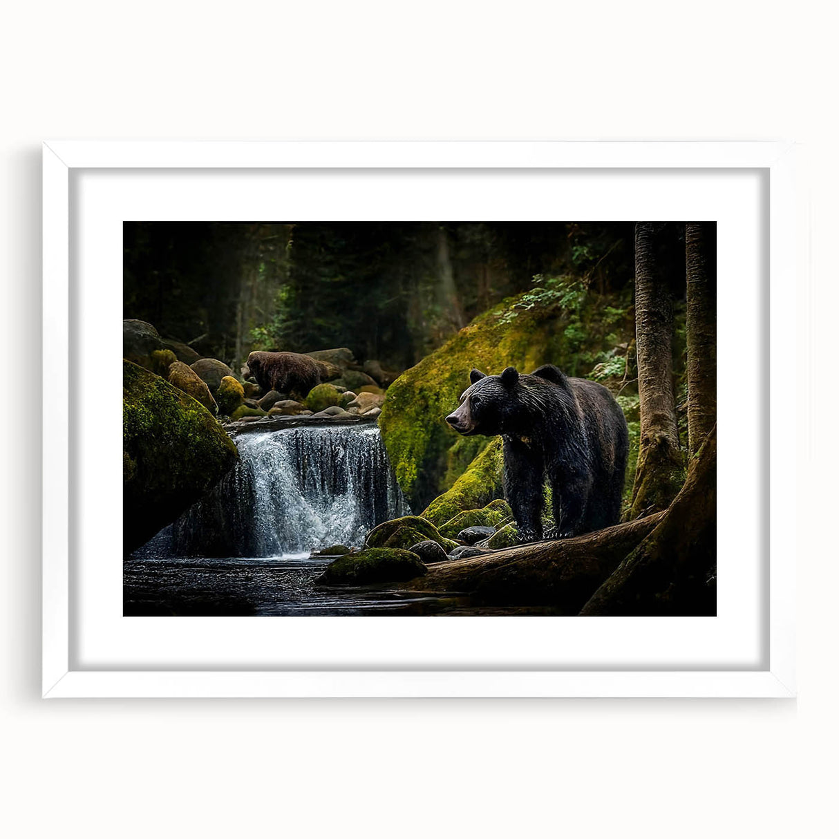 Black bear wall art design in a 24-inch framed collection, featuring a sleek white mat and modern frame, ideal for enhancing nature-themed decor.