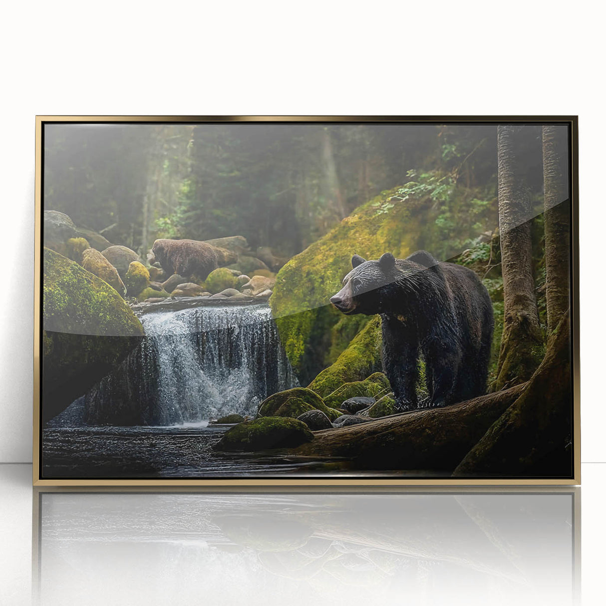 Framed wall art featuring a striking black bear design in acrylic with a gold frame, ideal for nature enthusiasts and modern décor. Perfect for home or office.