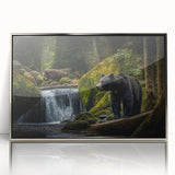 Framed wall art featuring a striking black bear design in a sleek silver frame, perfect for nature-inspired decor. The acrylic front enhances vibrant colors and details.