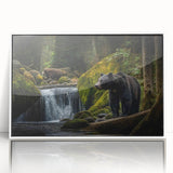 Framed acrylic wall art featuring a striking black bear design, set against a white background, perfect for nature-themed decor. Ideal addition to home or office spaces.