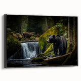 Framed canvas wall art showcasing a striking black bear design, presented in a sleek black frame, perfect for nature-themed home decor and wildlife enthusiasts.