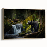 Framed canvas wall art featuring a black bear design with gold accents, displayed in a chic side view. Ideal for nature-themed decor and wildlife enthusiasts.