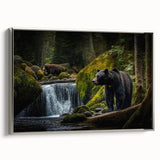 Framed canvas wall art showcasing a striking black bear design with a silver frame, ideal for nature-themed decor and wildlife enthusiasts. Perfect for enhancing home or office interiors.