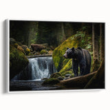 Framed canvas wall art featuring a striking black bear design on a white background, showcasing intricate details and a side view, perfect for nature enthusiasts.