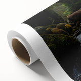 Black bear wall art design on rolled canvas, showcasing intricate details and a vibrant color palette, ideal for nature-themed home decor. Perfect for adding a rustic touch to any space or as a unique gift for wildlife enthusiasts.