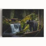 Stretched canvas wall art showcasing a striking black bear design, featuring vibrant colors and intricate details, perfect for nature-themed decor.
