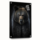 Close-up of a black bear design wall art piece, showcasing intricate details and vibrant colors, mounted on acrylic glass with visible pin attachments, ideal for nature-themed decor.