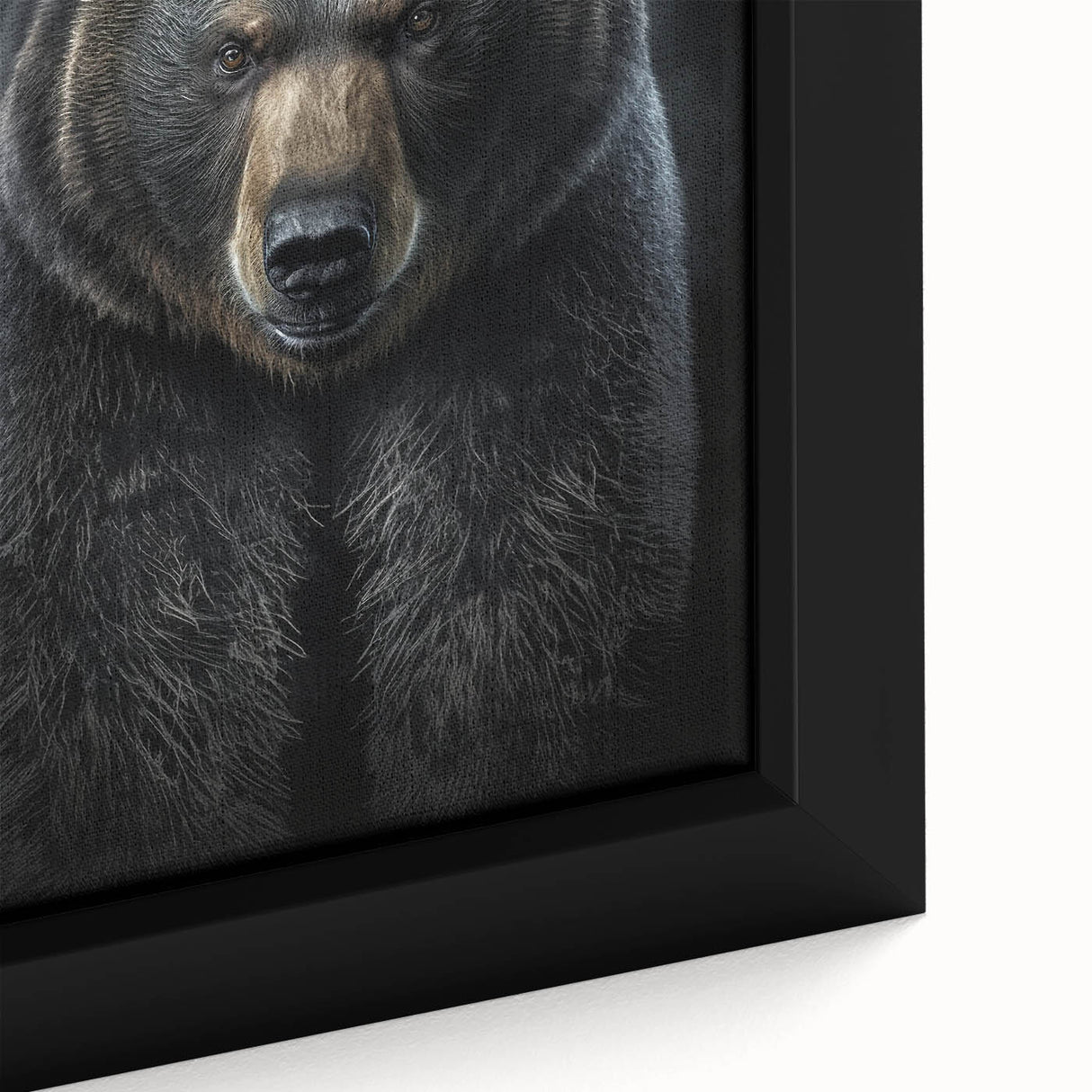 Close-up view of a framed black bear design wall art piece, showcasing intricate detailing and a vibrant color palette, ideal for nature-themed decor.