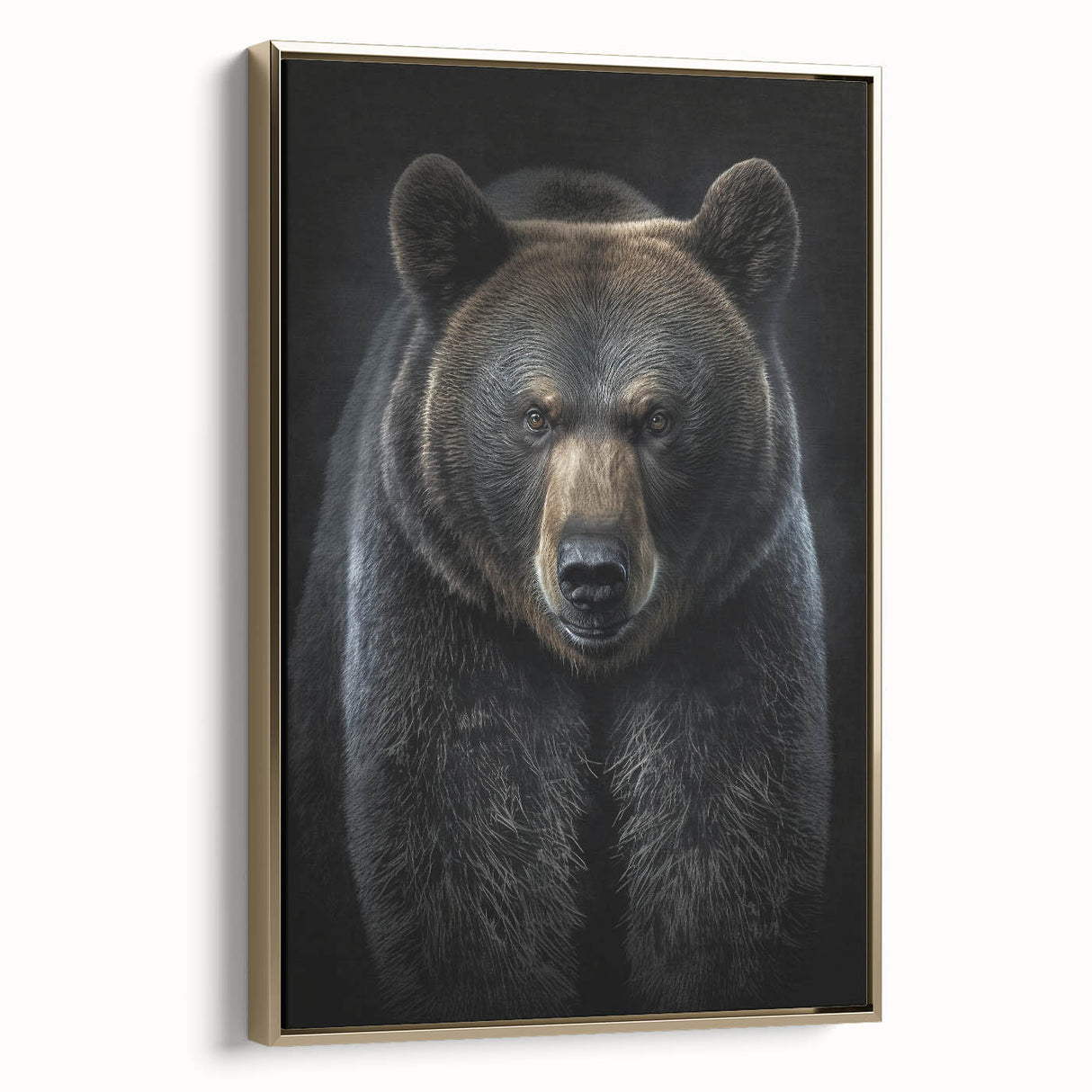 Framed canvas wall art featuring a striking black bear design with a gold frame, showcasing intricate details and textures, perfect for nature-themed decor.