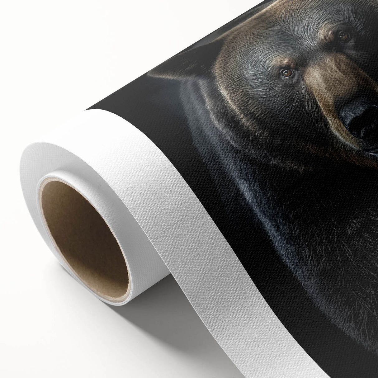 Artistic rolled canvas showcasing a striking black bear design, featuring rich colors and intricate details, perfect for nature-themed home decor.