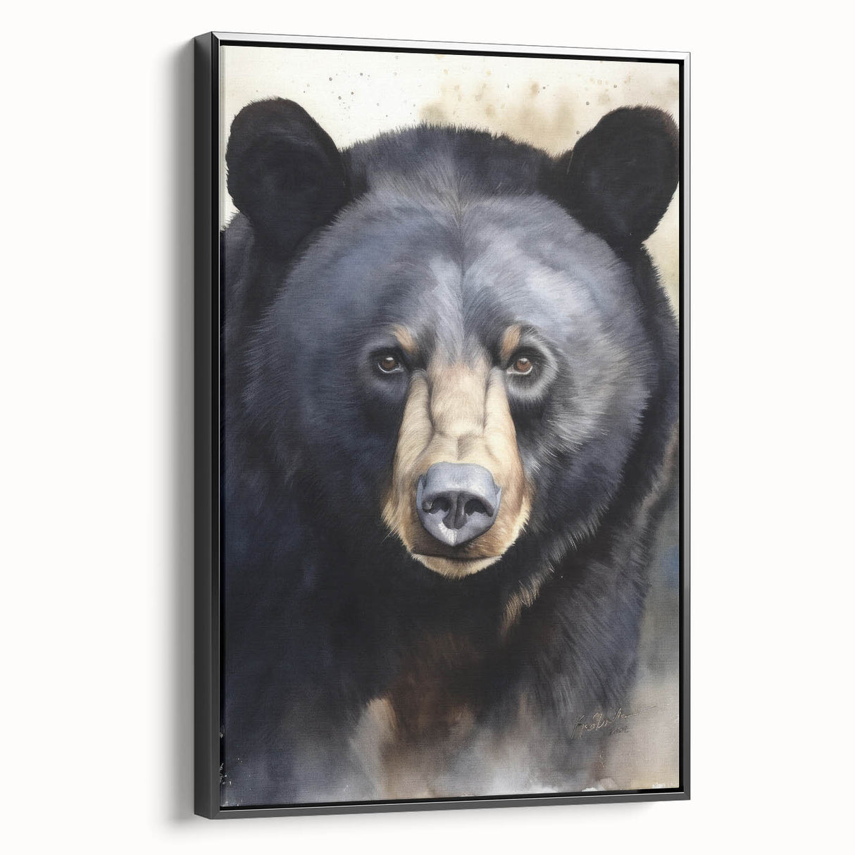 Framed canvas wall art featuring a striking black bear design, showcasing intricate details and textures, set against a sleek black frame, perfect for nature-themed decor.
