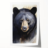 Black bear wall art featuring a striking design, showcasing intricate details and vibrant colors, rolled for easy display in a stylish home décor setting. Perfect for nature lovers and wildlife enthusiasts, this piece adds a touch of wilderness to any room.