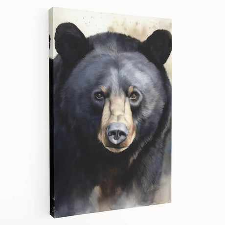 Stretched canvas wall art showcasing a detailed black bear design, featuring vibrant colors and textures. Ideal for nature-themed decor in homes or offices.