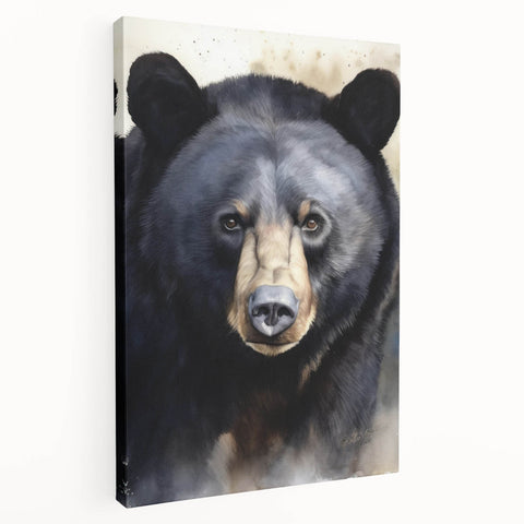 Stretched canvas wall art showcasing a detailed black bear design, featuring vibrant colors and textures. Ideal for nature-themed decor in homes or offices.