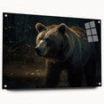 Black bear wall art piece displayed in a side view, showcasing an acrylic glass framing and pin mounting. Ideal for nature-themed decor enthusiasts.