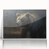 Framed acrylic wall art featuring a majestic black bear design, showcasing intricate details and a modern white frame, ideal for nature-themed home decor.