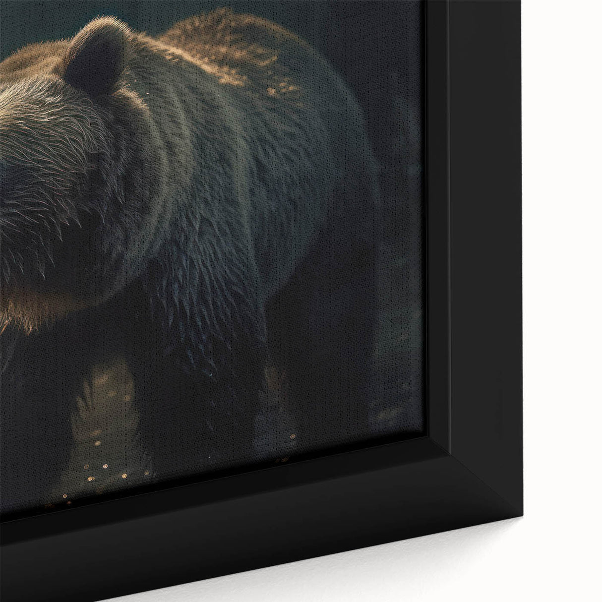 Close-up of a framed black bear wall art piece, showcasing intricate details and textures, ideal for nature-themed home décor or wildlife enthusiasts.