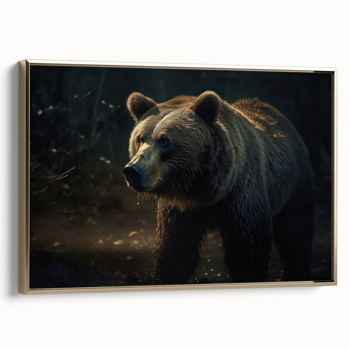Framed canvas wall art showcasing a striking black bear design with gold accents, perfect for nature enthusiasts and home décor. The artwork captures the majestic essence of wildlife, ideal for adding a touch of elegance to any living space.