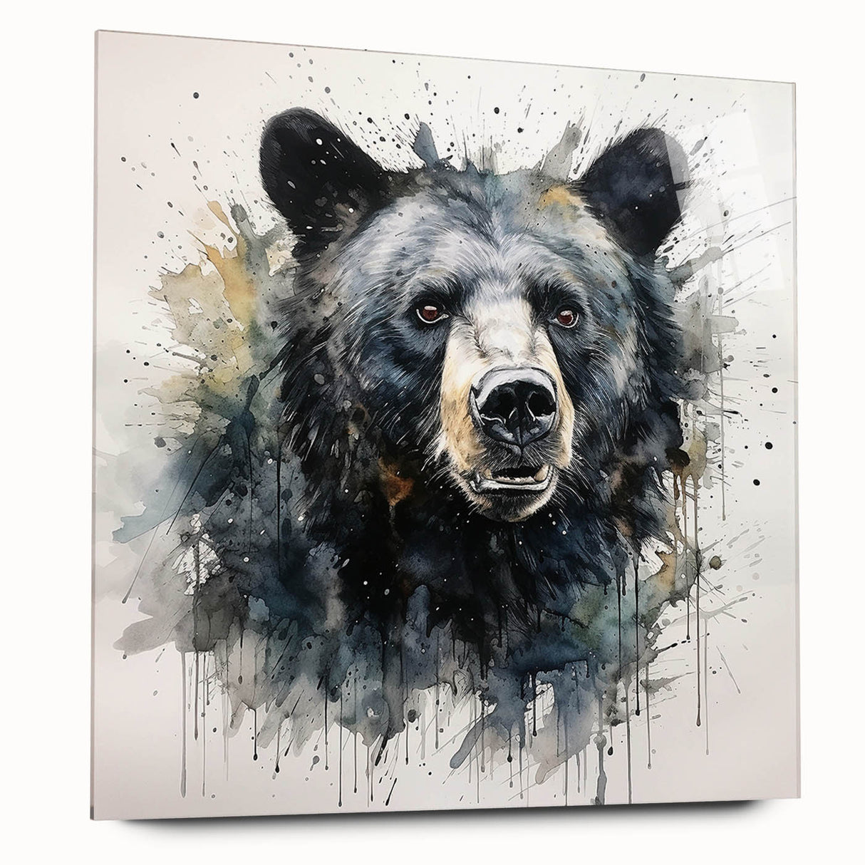 Black bear wall art design displayed in an acrylic glass frame, showcasing intricate details and vibrant colors, perfect for nature-themed decor.