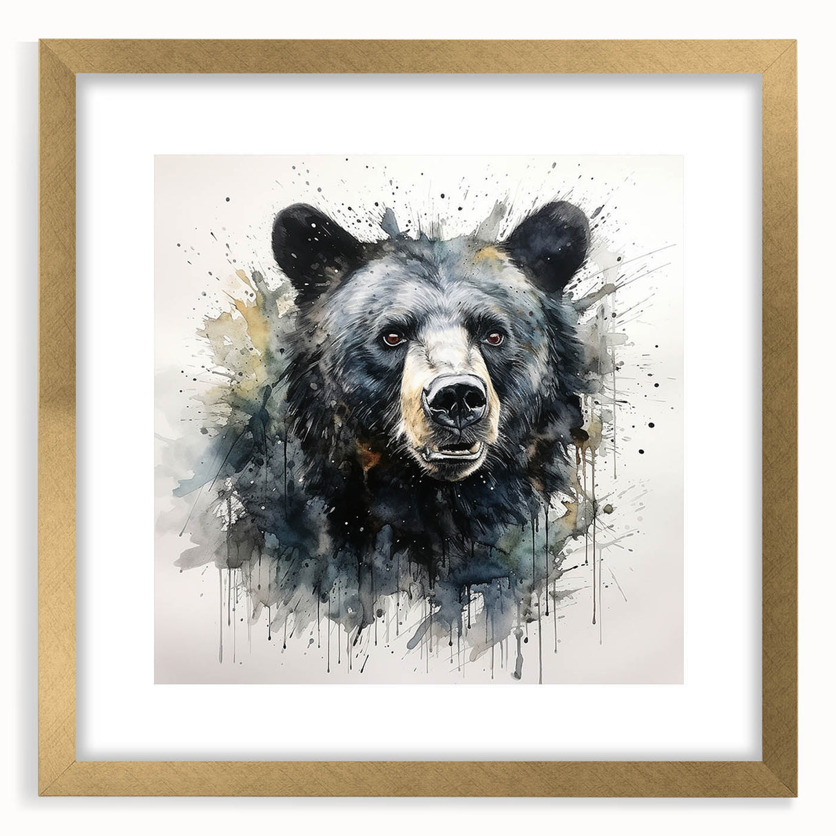 Framed wall art featuring a black bear design, elegantly bordered with a gold frame and matting, perfect for nature-themed home decor. Ideal for animal lovers.