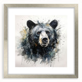 Framed black bear wall art design featuring a sleek silver frame and mat, ideal for nature-themed home decor, adding a touch of wildlife elegance.