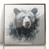 Framed wall art featuring a striking black bear design on an acrylic surface, accented with a gold frame, ideal for nature-themed decor and wildlife enthusiasts.