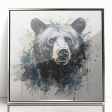 Framed acrylic wall art featuring a striking black bear design, elegantly displayed with a silver frame, perfect for nature-themed home decor.