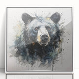 Framed wall art featuring a black bear design, showcasing intricate details and vibrant colors, set in a sleek white frame, ideal for nature-themed decor.