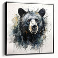 Framed wall art featuring a striking black bear design on canvas, showcasing intricate details and a sleek black frame, ideal for nature enthusiasts and home decor.
