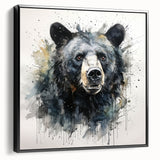 Framed wall art featuring a striking black bear design on canvas, showcasing intricate details and a sleek black frame, ideal for nature enthusiasts and home decor.