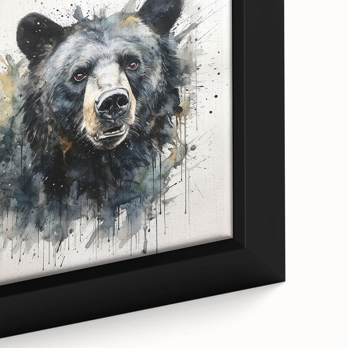 Close-up of a framed black bear wall art design on canvas, showcasing intricate details and textures in a modern home decor setting. Perfect for wildlife enthusiasts.