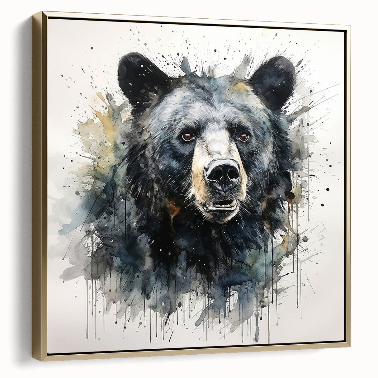 Framed canvas wall art showcasing a striking black bear design with a gold frame, highlighting intricate details and textures, perfect for wildlife enthusiasts.
