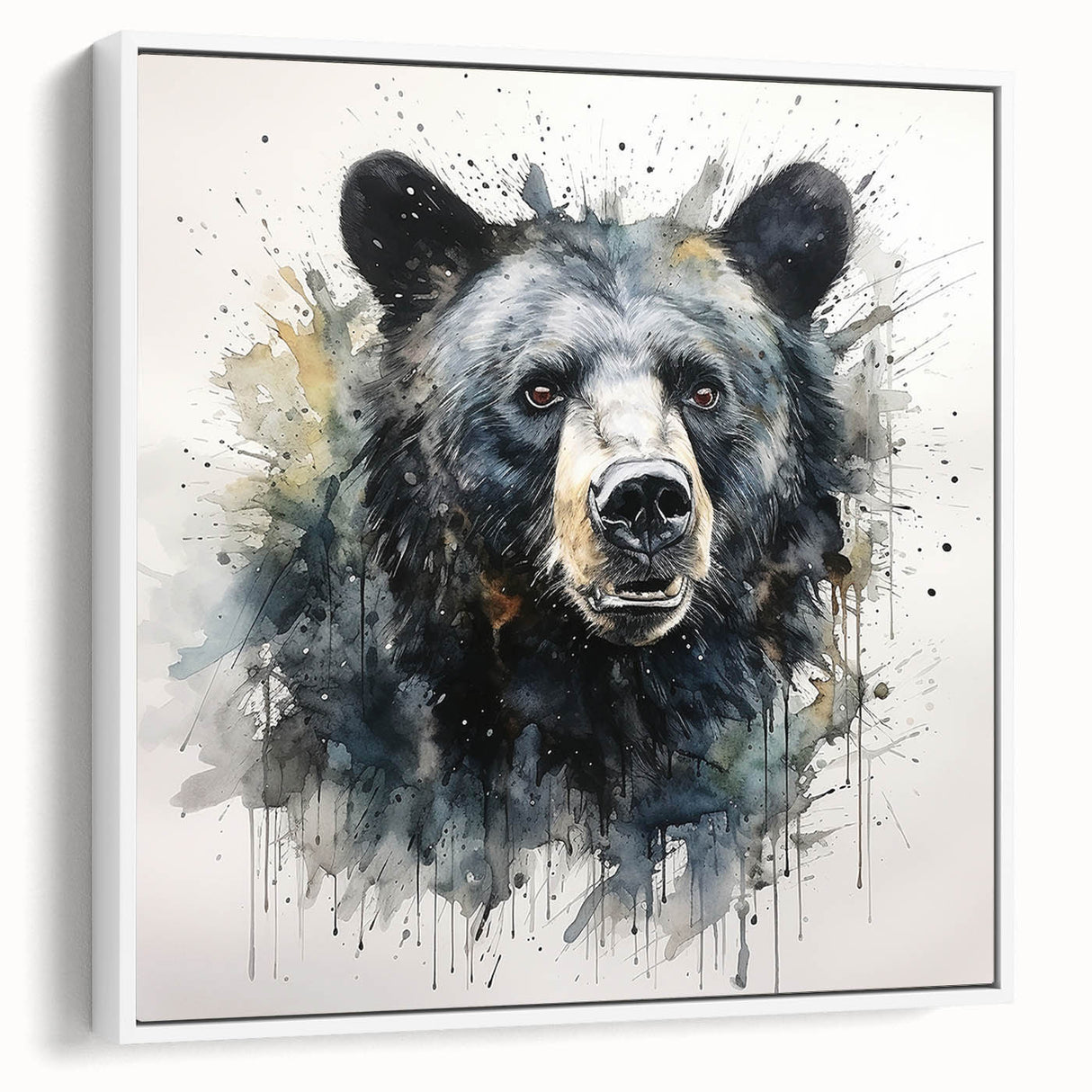 Framed wall art featuring a striking black bear design on a canvas, set against a white backdrop, showcasing intricate details and textures, ideal for wildlife enthusiasts.