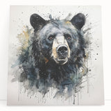 Black bear wall art design on stretched canvas, showcasing a majestic black bear in a natural setting, perfect for wildlife enthusiasts and home decor.