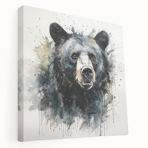 Black bear wall art design on stretched canvas, showcasing detailed fur textures and vibrant colors, perfect for nature-themed decor in living spaces.