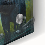 Close-up of a black bear design wall art collection made from acrylic glass, showcasing intricate details and vibrant colors, perfect for nature-themed decor.