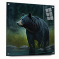 Black bear wall art collection displayed in a modern acrylic frame, showcasing a side view with mounting pins, ideal for nature-themed home decor.
