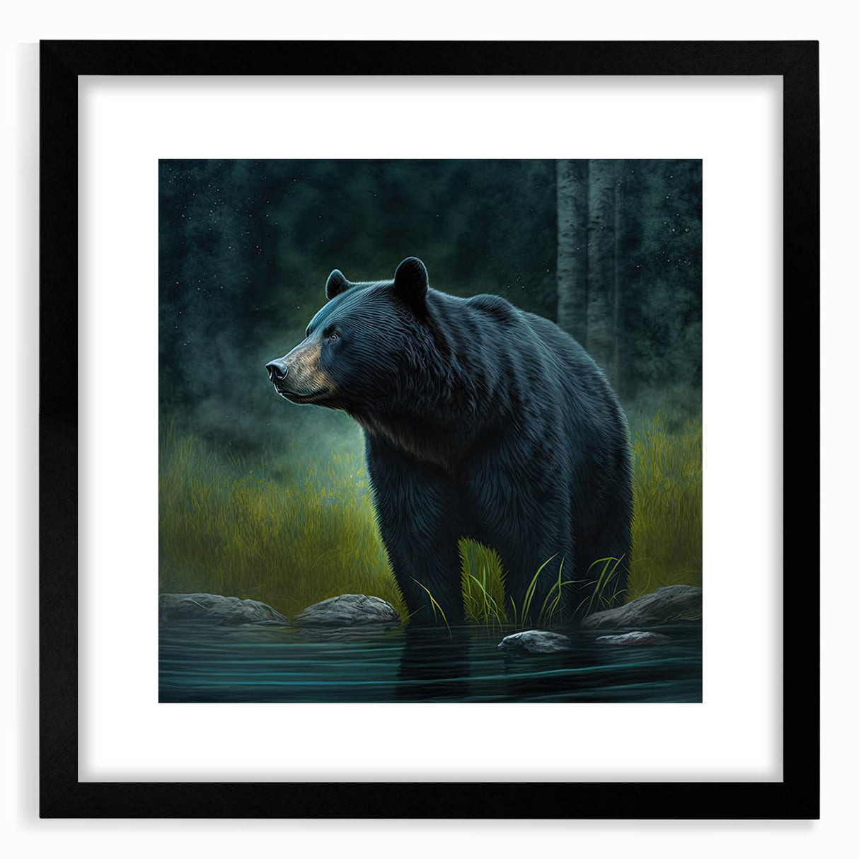 Stylish black bear wall art framed with a matte finish, showcasing a striking design perfect for nature-themed decor. Ideal for home or office settings.