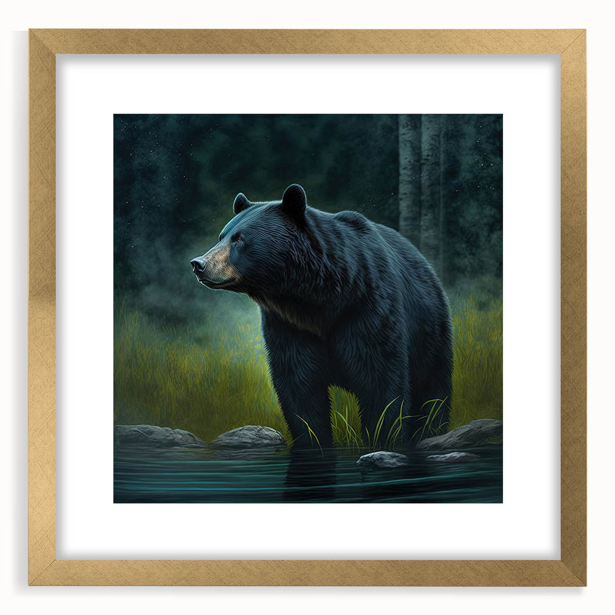 Black bear wall art print featuring a gold-framed design with a mat, showcasing a detailed illustration of a black bear against a serene background, perfect for nature enthusiasts.