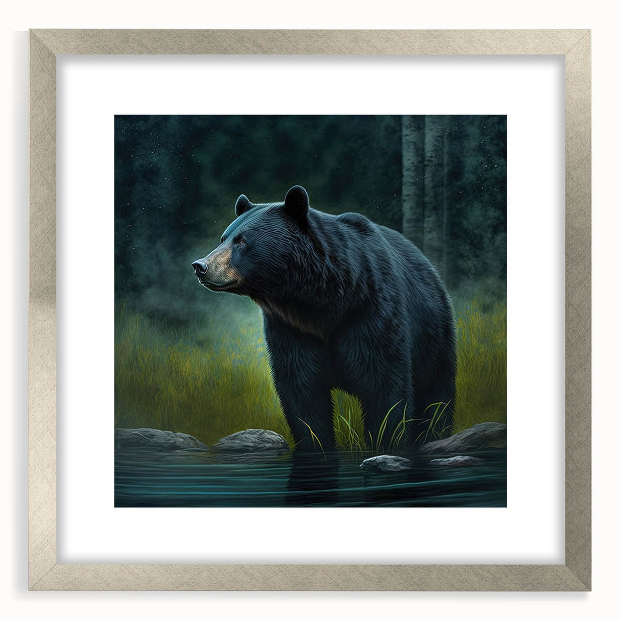 Elegant black bear wall art framed with a silver mat, showcasing detailed wildlife design, perfect for enhancing any nature-themed home decor.