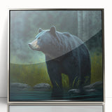 Framed wall art featuring a striking black bear design on acrylic, with a sleek silver frame, perfect for nature-themed home decor or wildlife enthusiasts.