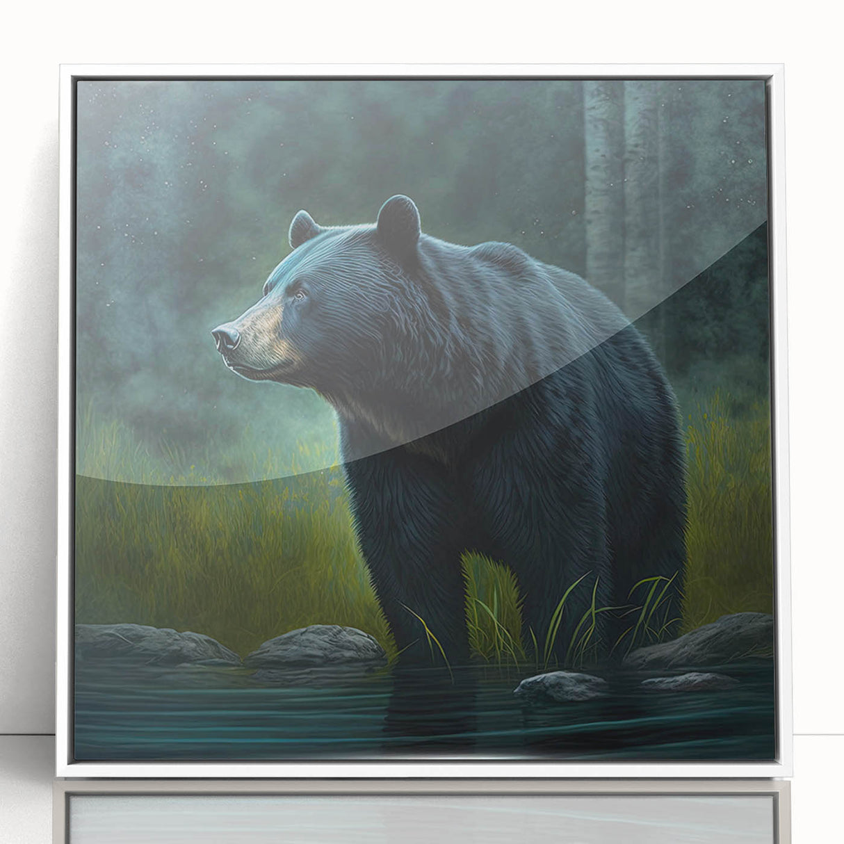 Framed wall art featuring a minimalist black bear design on a white background, elegantly displayed in a sleek acrylic frame, perfect for modern home decor.