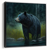 Framed canvas wall art featuring a striking black bear design, showcasing intricate details and textures, viewed from the side against a neutral background. Perfect for nature enthusiasts and wildlife decor.