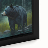 Close-up of a framed black bear wall art design on textured canvas, showcasing intricate details and natural colors, perfect for wildlife decor enthusiasts.