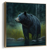 Framed canvas wall art featuring a striking black bear design with a gold frame, showcasing intricate details and textures, perfect for nature-themed decor.