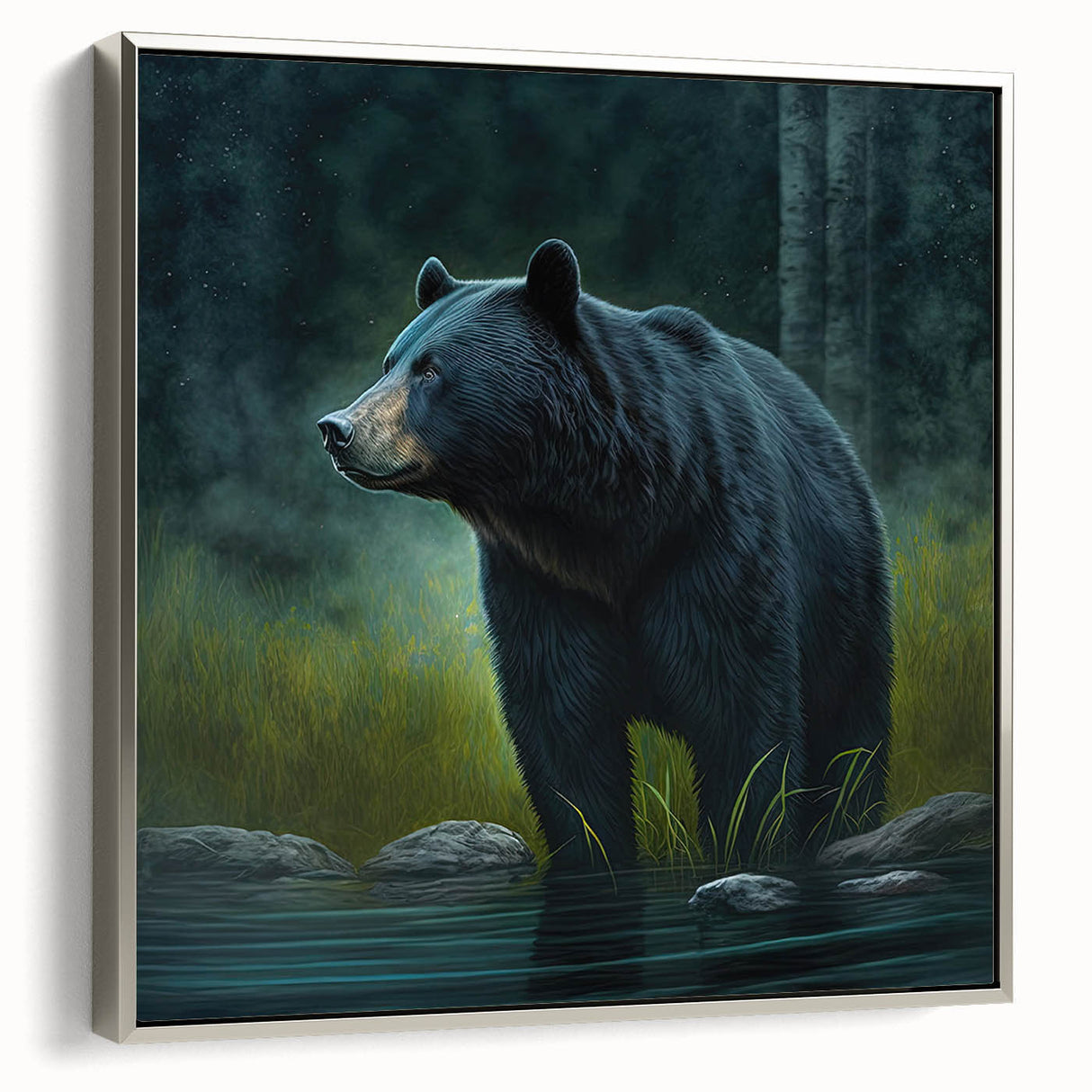 Framed wall art featuring a black bear design in a sleek silver frame, showcasing intricate details and textures, ideal for nature-themed decor.