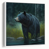Framed wall art featuring a striking black bear design on textured canvas, showcased against a white background, ideal for nature-themed decor lovers.