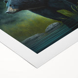 Black bear wall art design on rolled canvas, showcasing intricate details and vibrant colors, perfect for nature-themed decor and wildlife enthusiasts. Ideal for adding a rustic touch to any room or office.