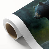 Black bear wall art design on rolled canvas, showcasing intricate details and vibrant colors, ideal for nature-themed home decor, packaged securely for delivery.