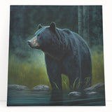 Black bear wall art print on stretched canvas, featuring a striking design with rich colors and intricate details, perfect for nature lovers’ home decor.